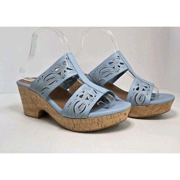 Baretraps Shoes Chunky Cork Wedge Heel Baby Blue Funky Design Strap Sandals S 9M - Picture 1 of 8